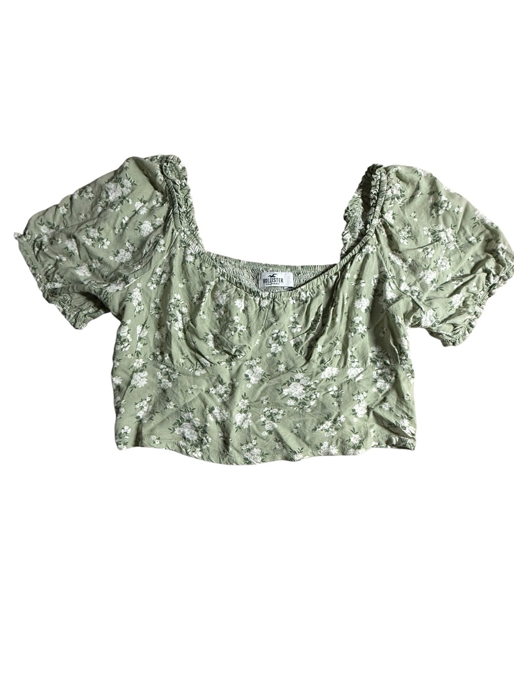 Hollister Light Sage Green Floral Puff-Sleeve Crop Top‎